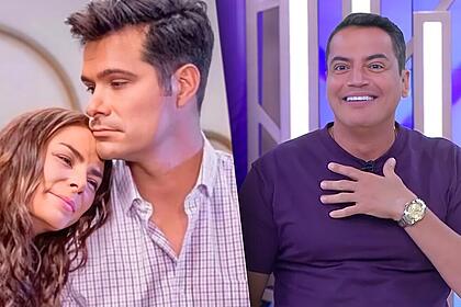 Protagonistas da novela mexicana Contigo Sim tristes em montagem com Leo Dias, feliz, no cenário do Fofocalizando