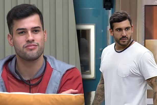 Kaio sorrindo no sofá com o uniforme da prova final do A Grande Conquista e Hadad andando pela cozinha já sem o uniforme