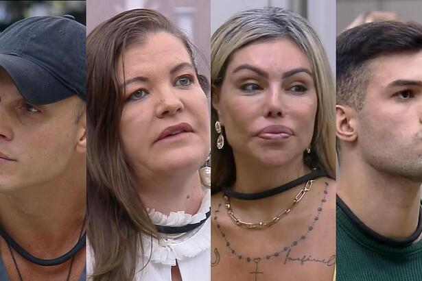 Fellipe, Dona Geni, Lizi e Kaio sentados no sofá da Mansão do A Grande Conquista ao descobrirem que estão na 9 Zona de Risco da temporada