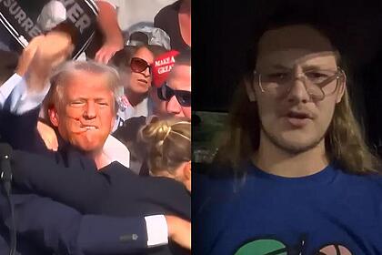 Montagem de donald trump com o rosto ensanguentado e o atirador thomas matthew crooks