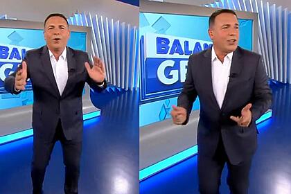 Gottino animado e batendo palmas no cenário do Balanço Geral