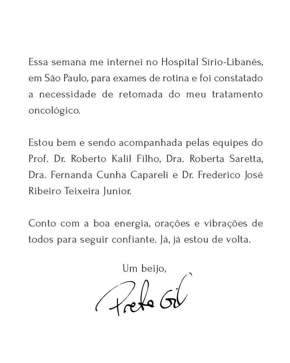 Carta de Preta Gil no Instagram