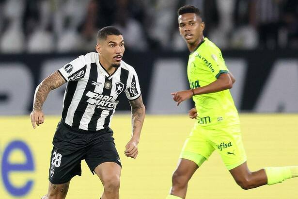 Jogadores de Botafogo e Palmeiras em campo, disputando bola na Libertadores
