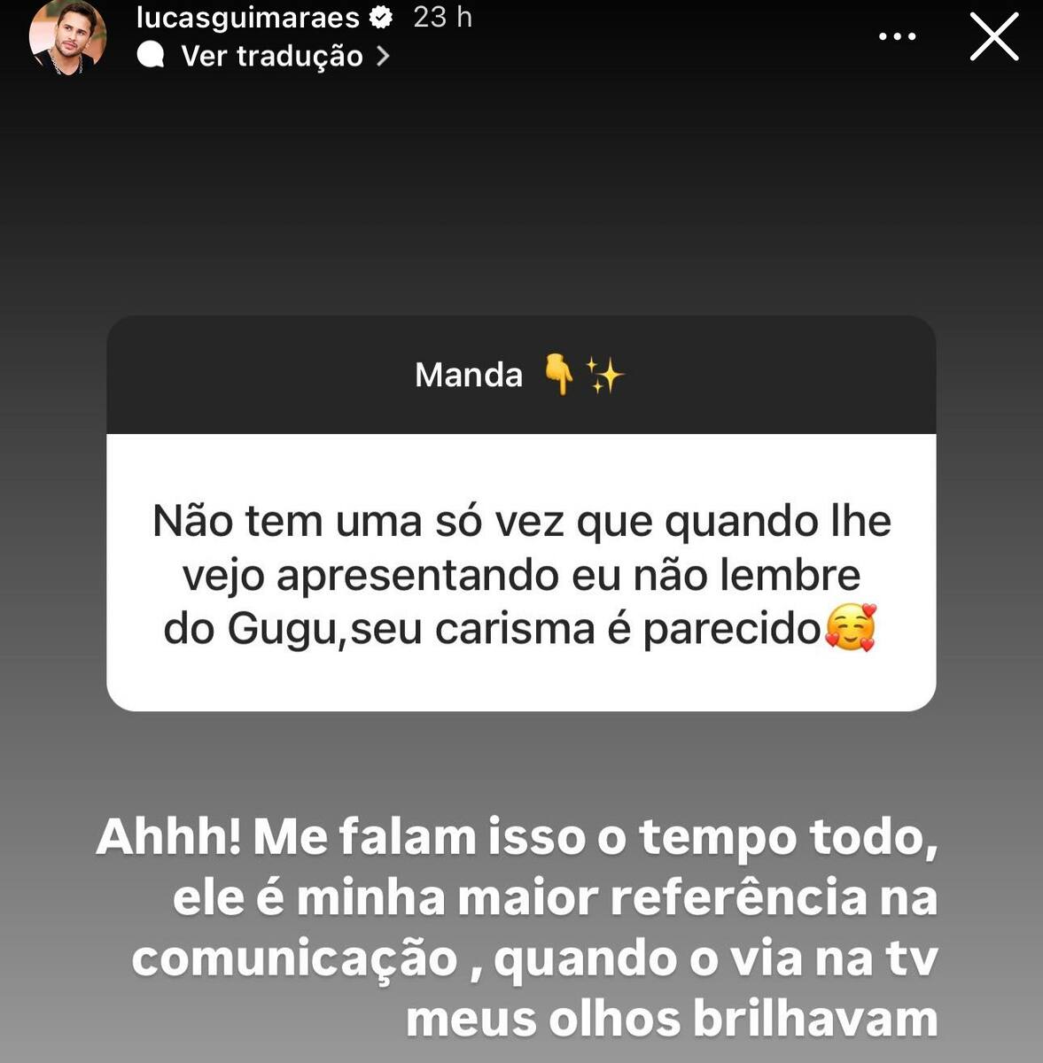 Print da caixa de pergunta de Lucas Guimarães sobre comparação com Gugu