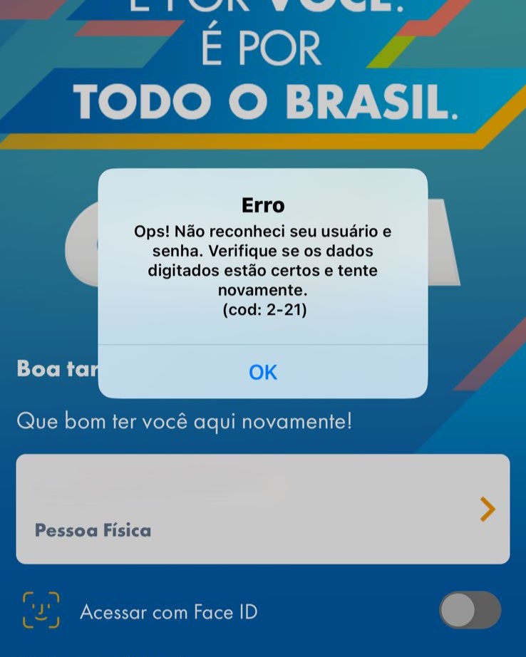 tela com o erro no app da caixa