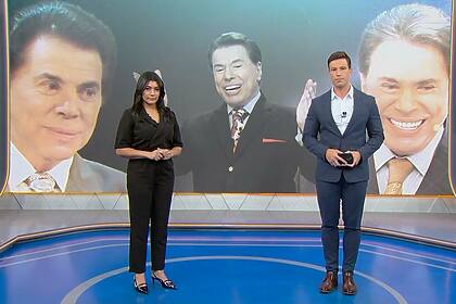 Daniele Brandi e Gabriel Cartolano no cenário do especial em homenagem a Silvio Santos