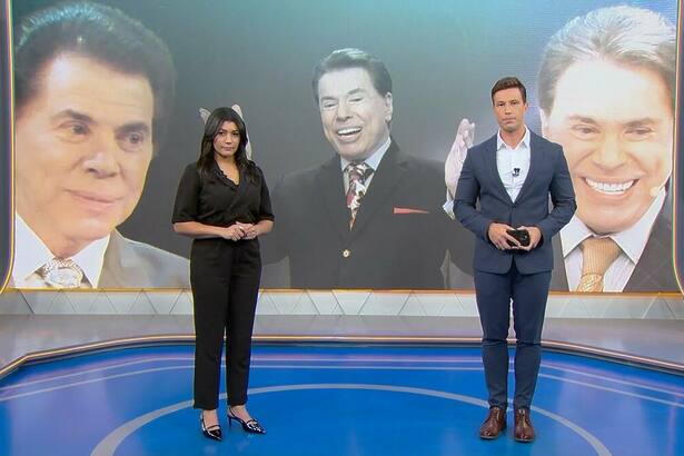 Daniele Brandi e Gabriel Cartolano no cenário do especial em homenagem a Silvio Santos