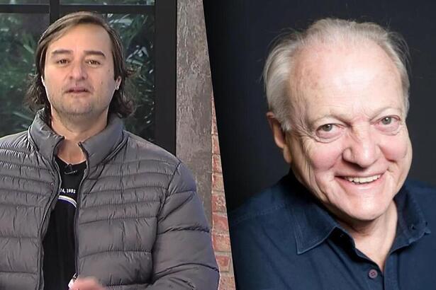colunista Alessandro Lo-Bianco no A Tarde é Sua em montagem com Flávio Ricco, que está de camisa preta e sorrindo