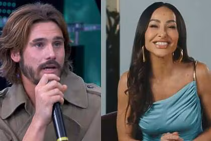 Nicolas Prattes e Sabrina Sato em uma montagem no Domingão