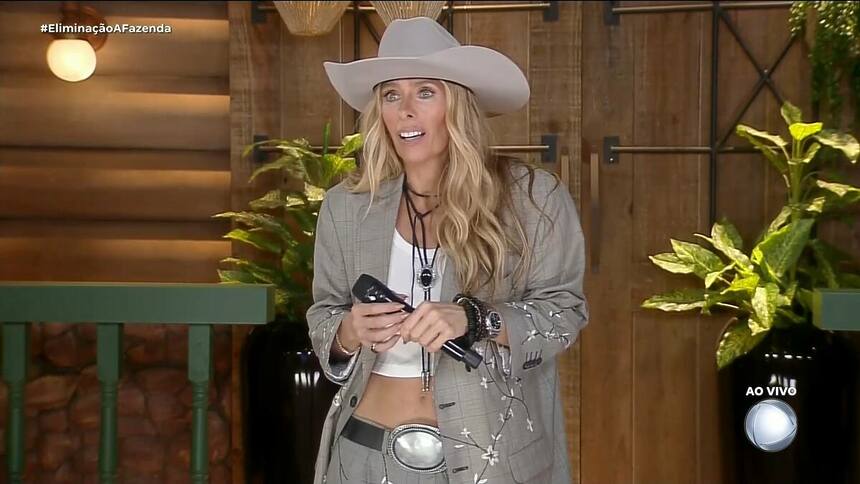 Adriane Galisteu com os olhos arregalados, em tom de surpresa, apresentando A Fazenda 16
