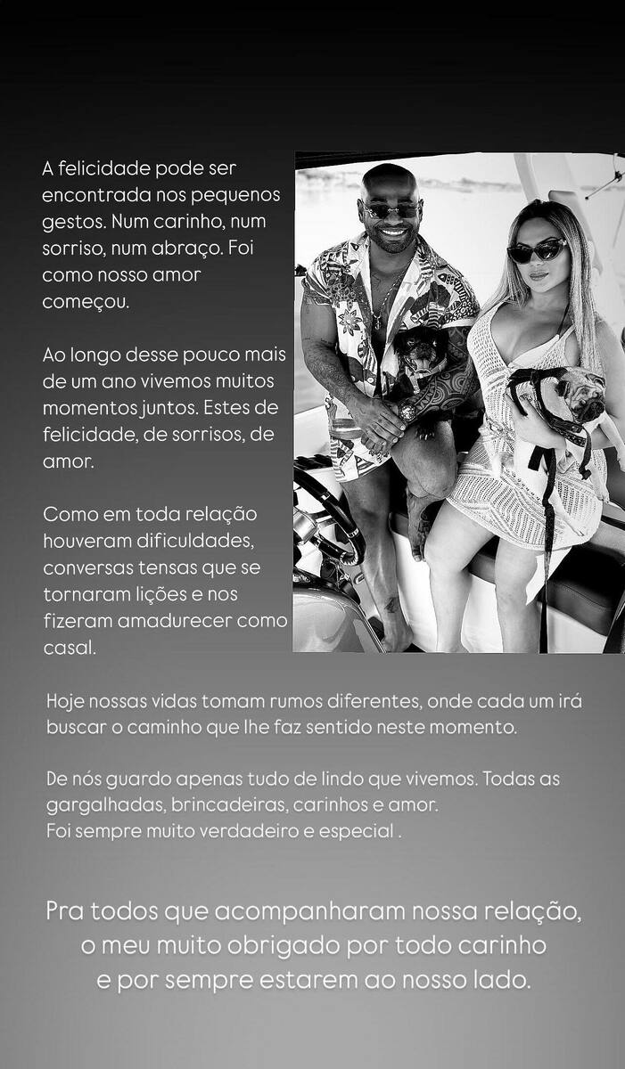 Print da publicação de Black anunciando o término com Kally nos stories do Instagram 