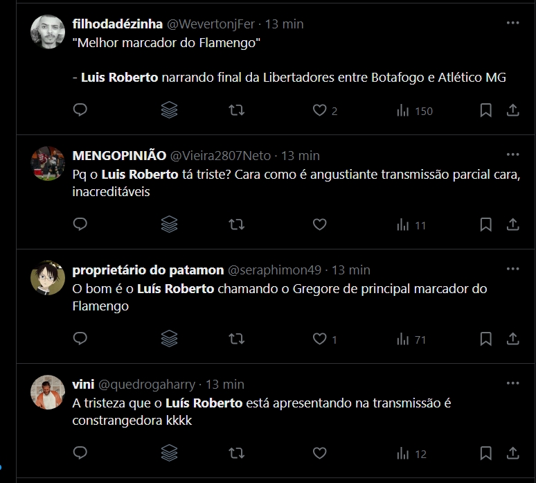 Print de comentários no X criticando a gafe de Luis Roberto nas redes sociais 