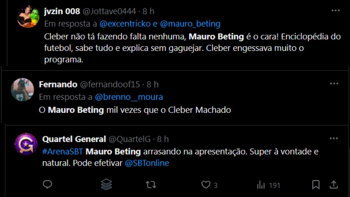 Público reagindo a estreia de Mauro Beting no Arena SBT pelas redes sociais 