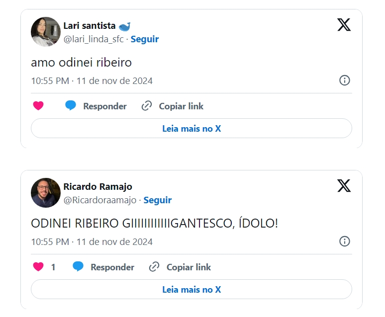 Mensagens no Twitter elogiando o narrador Odinei Ribeiro 