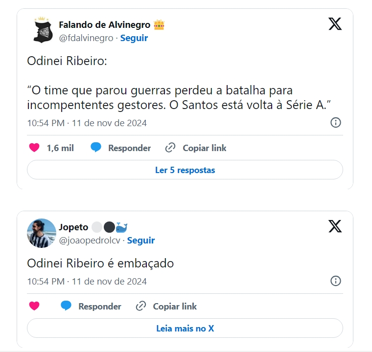 Mensagens no Twitter elogiando o narrador Odinei Ribeiro 