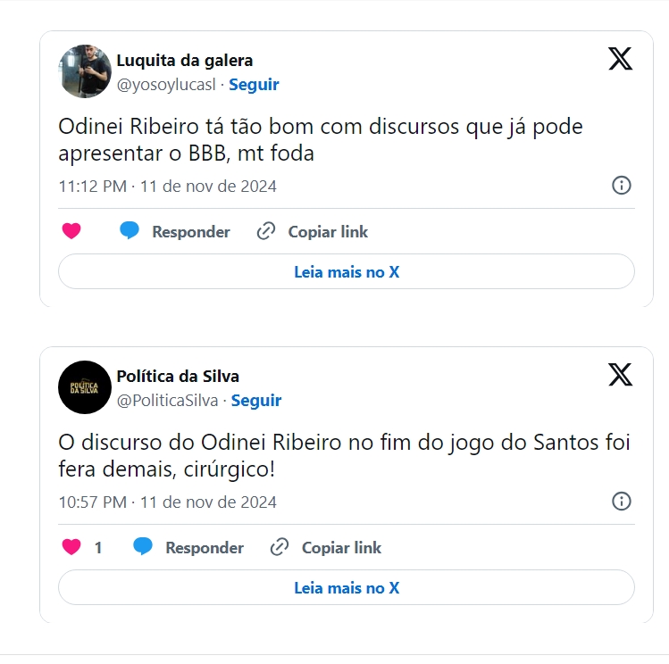 Mensagens no Twitter elogiando o narrador Odinei Ribeiro 