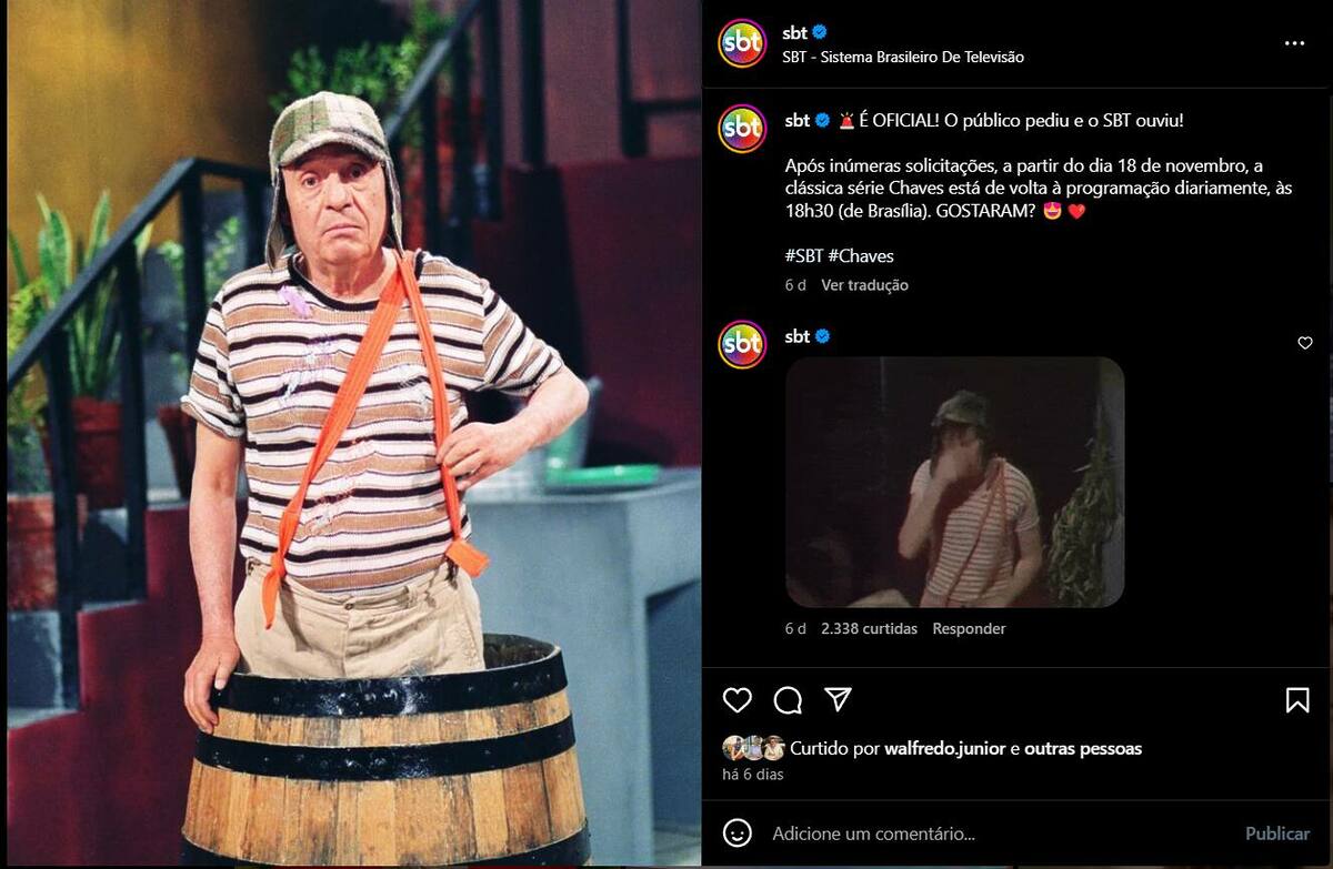 Chaves dentro de um barril em anúncio do Instagram oficial do SBT