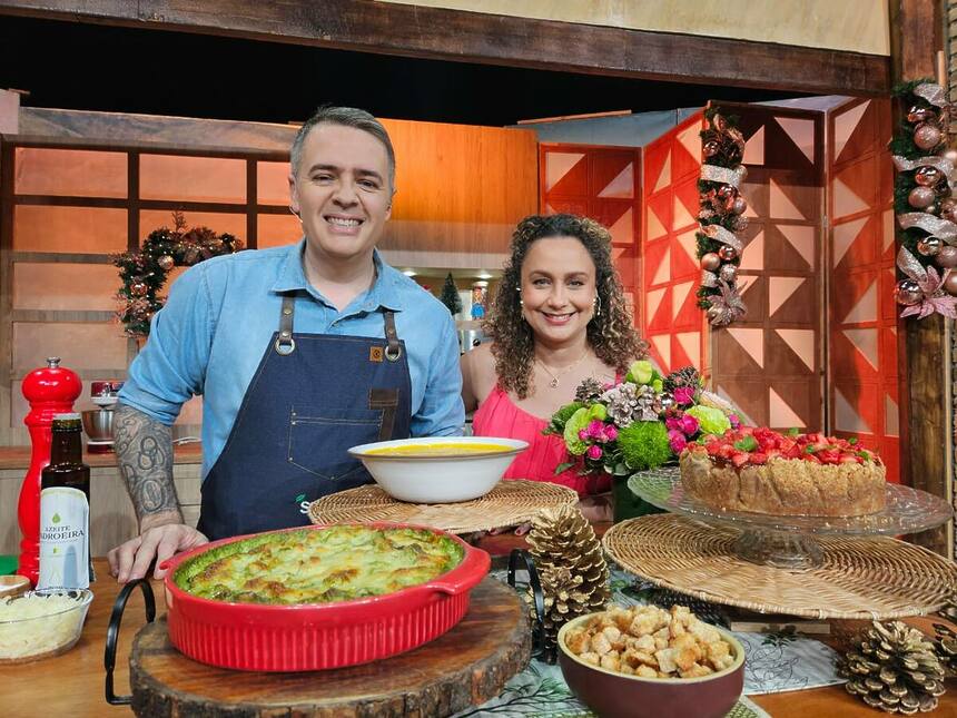 Chef Léo e Bianca Láua na bancada do programa