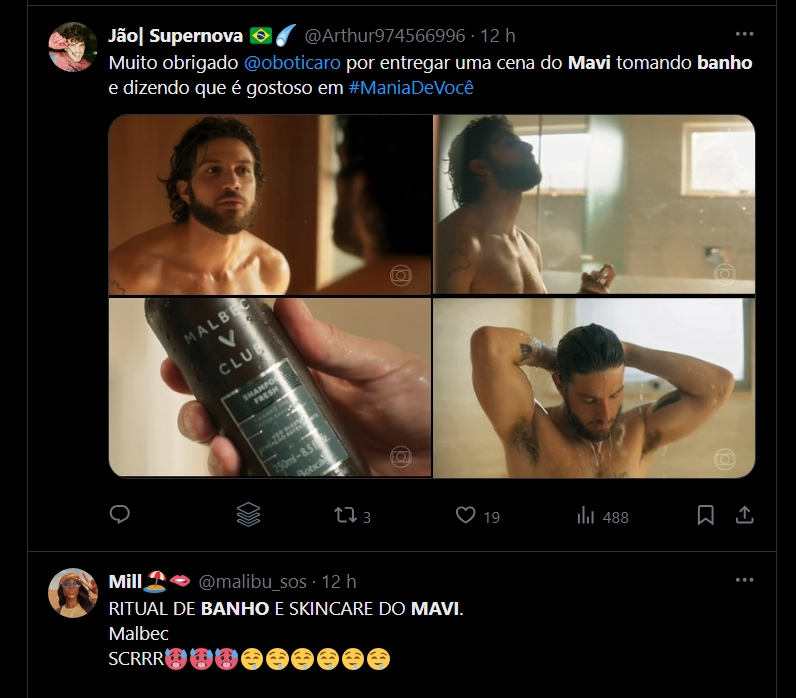 Prints do Público repercutindo o banho sensual de Mavi em Mania de Você