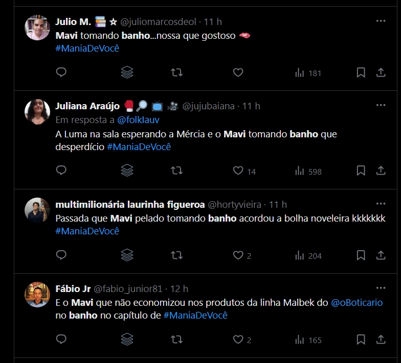 Prints do Público repercutindo o banho sensual de Mavi em Mania de Você