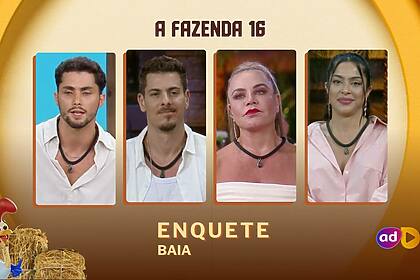 Gui Vieira, Sacha, Flor e Luana com semblantes sérios na arte da enquete de A Fazenda 16