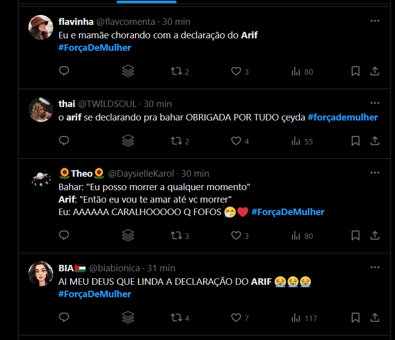 Prints de publicação no X comentando a declaração de Arif para Bahar em Força de Mulher
