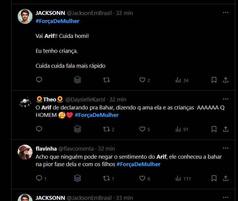 Prints de publicação no X comentando a declaração de Arif para Bahar em Força de Mulher
