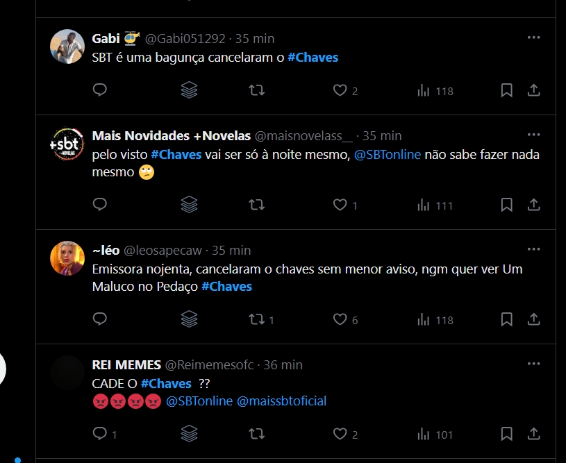 Fãs reclamando do cancelamento de Chaves no X/Twitter