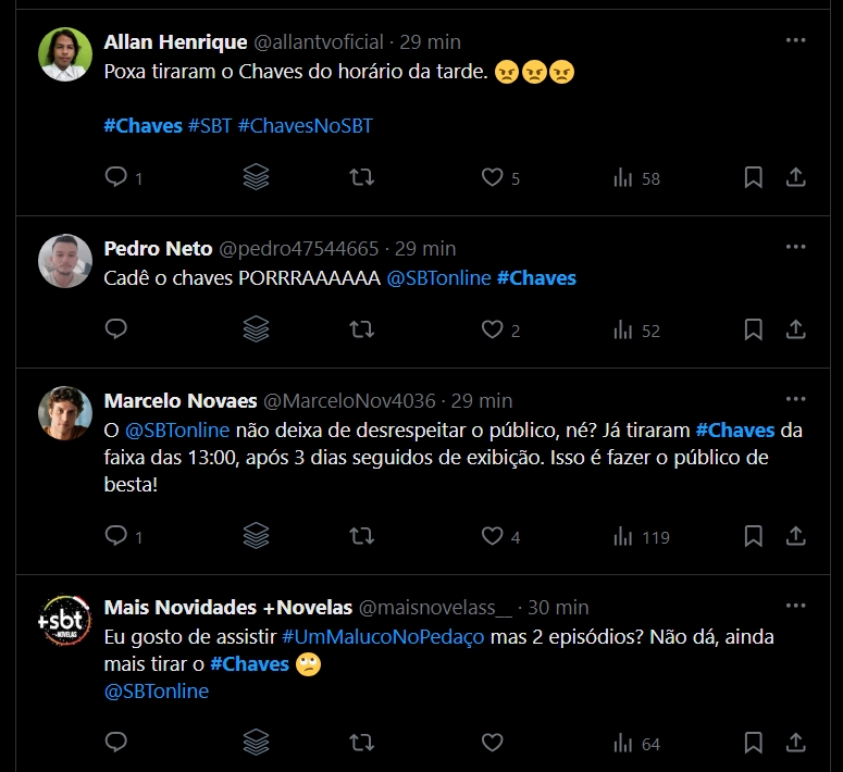 Fãs reclamando do cancelamento de Chaves no X/Twitter