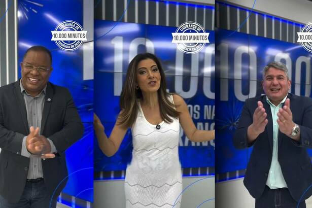 Evenilson Santana, Meiry Lanunce e Gernand Lopes sorridentes na chamada da TV Guararapes/RECORD