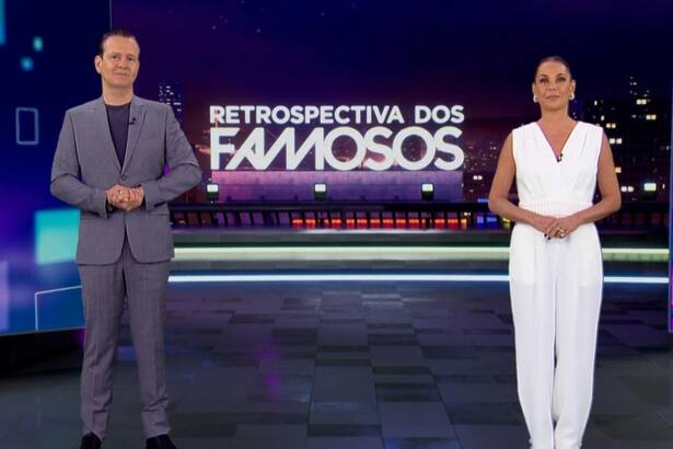 Celso Zucatelli e Carolina Ferraz no cenário virtual da Retrospectiva dos Famosos
