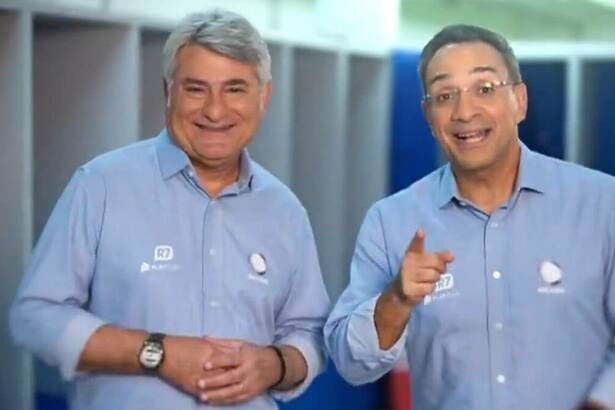 Cleber Machado e Maurício Noriega uniformizados, em trecho da chamada Paulistão na RECORD