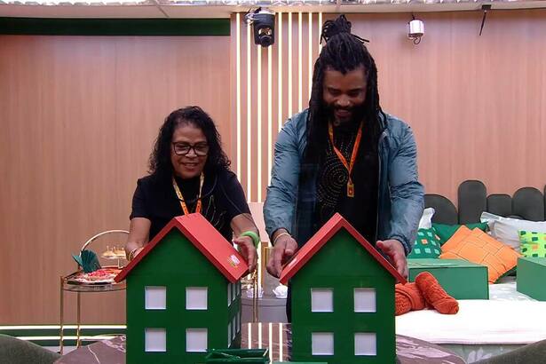 Diogo Almeida e Vilma em dinâmica das casinhas no Apê do Líder no BBB 25