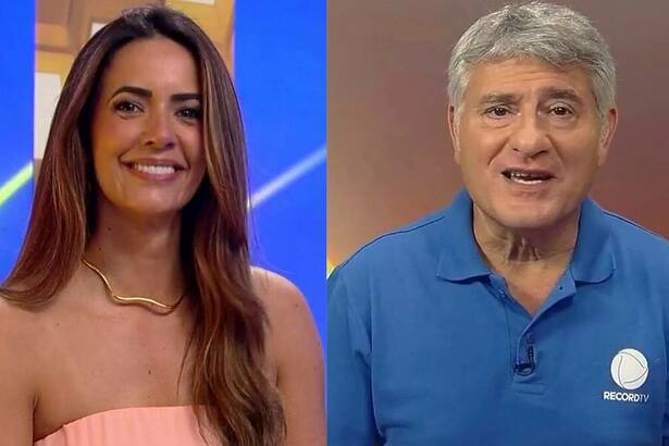 Paloma Tocci e Cleber Machado em uma montagem na RECORD