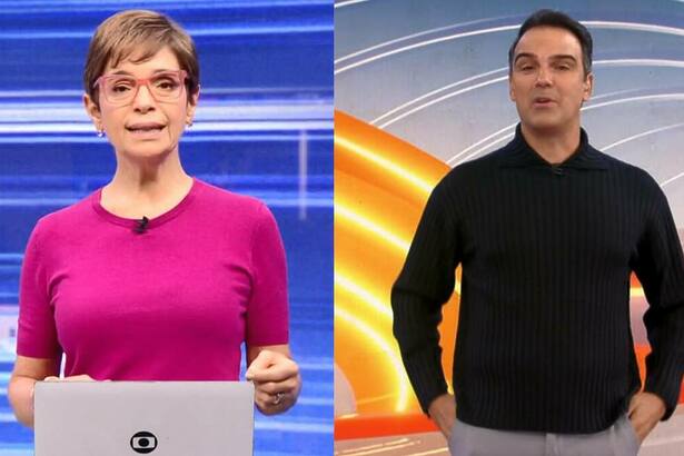 Renata Lo Prete e Tadeu Schmidt em uma montagem no BBB 25