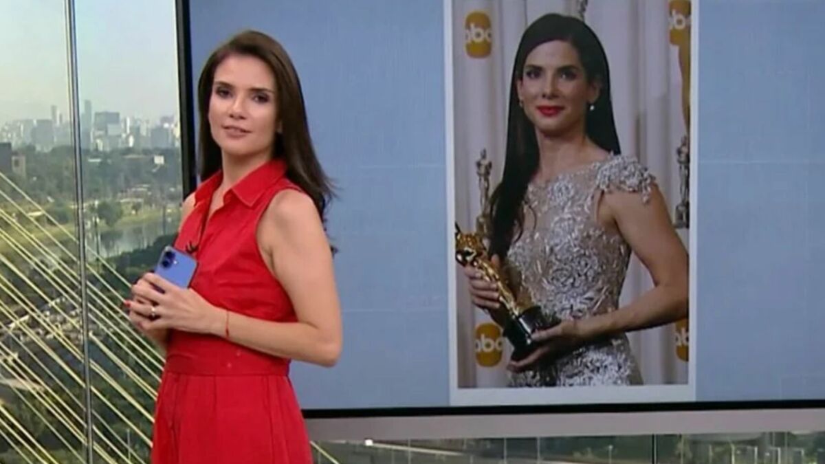 Sabina Simonato e Sandra Bullock em um comparativo atrás do telão no Bom Dia DP