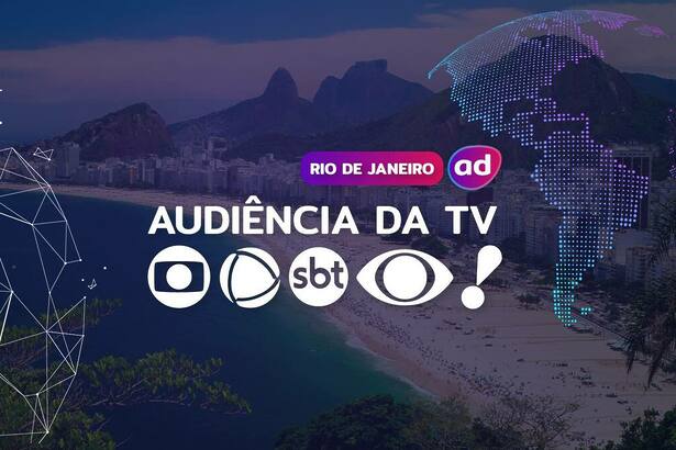 Logo das emissoras TV Globo, RECORD, SBT, Band e RedeTV! na arte dos consolidados de Audiência da TV. Ao fundo a vista aérea do Rio de Janeiro