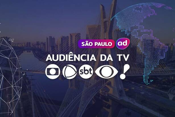 Logo das emissoras TV Globo, RECORD, SBT, Band e RedeTV! na arte dos consolidados de Audiência da TV. Ao fundo a vista aérea de São Paulo