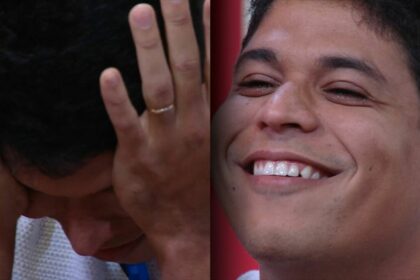 Guilherme coloca a mão no rosto e chora no Almoço do Anjo do BBB 25