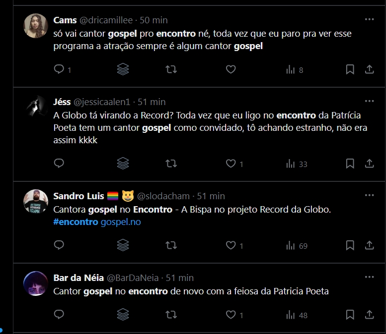Usuários do Twitter reclamando da participação de uma cantora gospel no Encontro 