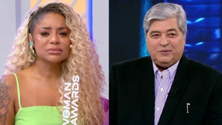 Cariúcha emocionada, em montagem com Datena no SBT