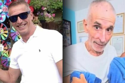 Daniel Sabbá antes do acidente com óculos escuro e sorrindo. Ator e apresentador extremamente magro após o acidente