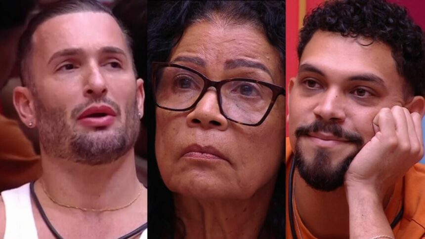 Diego Hypolito, Vilma e Vinicius em uma montagem no BBB 25