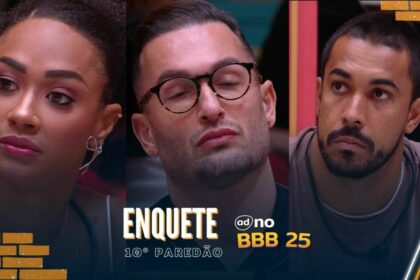 Aline, Diego e Maike na arte da enquete do BBB 25 sobre o 10º Paredão