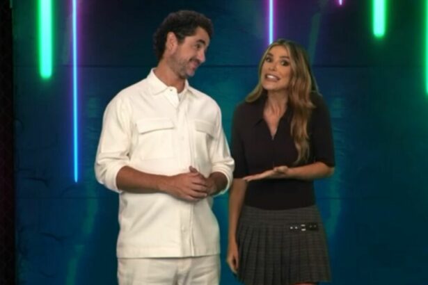 Felipe Andreoli e Rafa Brites nos bastidores de divulgação do Power Couple Brasil