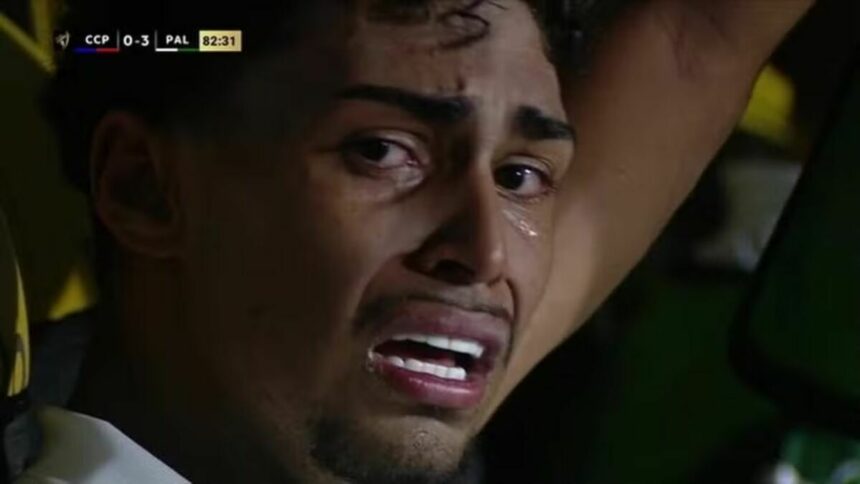 Luighi chorando no banco de reservas do Palmeiras