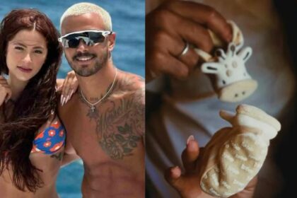 Nathalia Valente e Yuri Meirelles em uma montagem com os dois mostrando os sapatinho de bebê