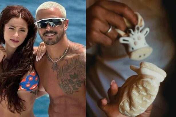 Nathalia Valente e Yuri Meirelles em uma montagem com os dois mostrando os sapatinho de bebê