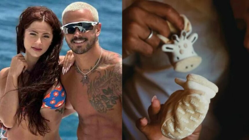 Nathalia Valente e Yuri Meirelles em uma montagem com os dois mostrando os sapatinho de bebê