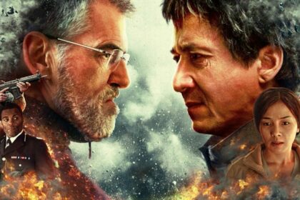 Jackie Chan olhando para o vilão em arte do filme O Estrangeiro, exibido no Cine Maior da RECORD